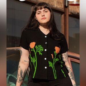 Big Bud Press Black California Poppies Short Sleeve Pantry Button Up Top Sz. 4XL